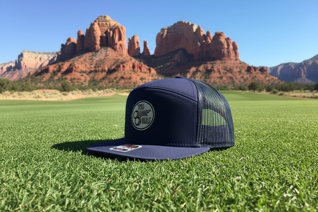 OG 2 Ball Golf Whiteout Logo on Otto Navy 7 Panel Pro Hat