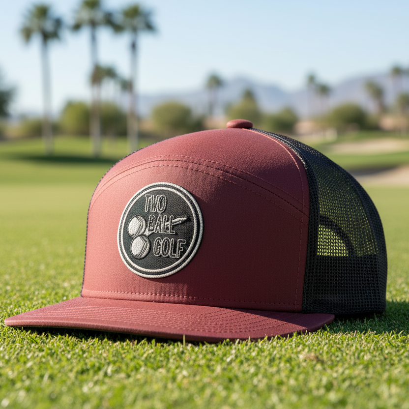 OG 2 Ball Golf Blackout Circle Logo on Brick Red 7 Panel Hat